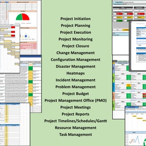 Op de afbeelding: Een verzameling projectmanagement spreadsheets en documenten, waaronder Gantt-diagrammen, budgetoverzichten en statusrapporten. De documenten worden weergegeven op een lichtgroene achtergrond. Tekst omvat "Project Initiation" en "Project Planning".