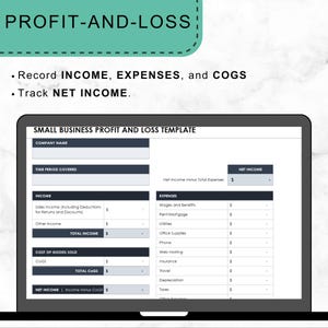 May include: A computer screen displaying a profit and loss template for a small business. The template includes sections for income, expenses, cost of goods sold, and net income. The template is designed to help businesses track their financial performance.
