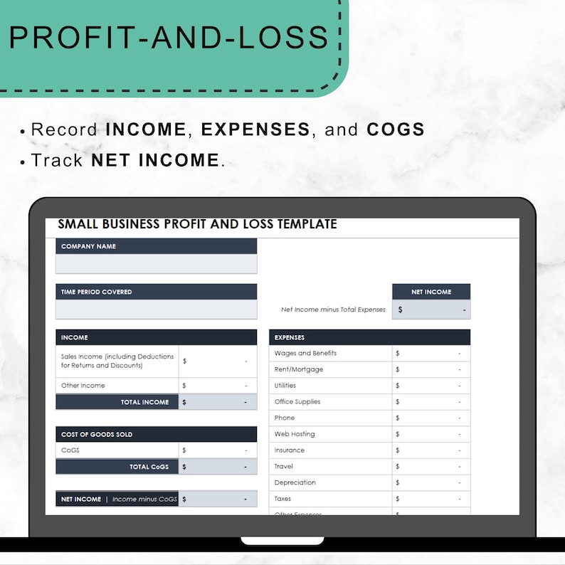 May include: A computer screen displaying a profit and loss template for a small business. The template includes sections for income, expenses, cost of goods sold, and net income. The template is designed to help businesses track their financial performance.