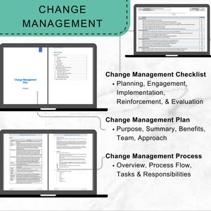May include: Image of three laptops displaying change management documents. The top laptop shows a checklist, the middle one a plan, and the bottom one a process overview. Text includes "Change Management" and related topics.