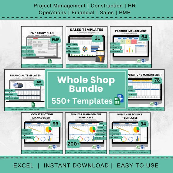 Whole Shop Template Bundle Spreadsheet Entire Shop Project Management Construction Financial Human Resources Operations Microsoft Excel
