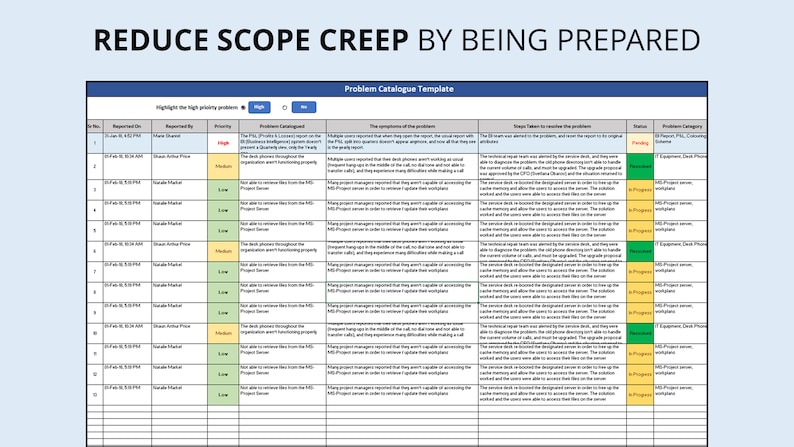 Op de afbeelding: Een digitaal document getiteld "Problem Catalogue Template" met een blauwe kop en een lichtblauwe achtergrond. Het document bevat een tabel met meerdere kolommen en rijen, met details over gemelde problemen, symptomen en stappen die zijn genomen om ze op te lossen. De tekst "Reduce Scope Creep by Being Prepared" staat bovenaan.