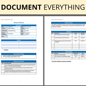 Op de afbeelding: Een document met de tekst "DOCUMENT EVERYTHING" bovenaan. Het document is een sjabloon voor notulen met blauwe en witte tabellen en tekst. Het bevat secties voor vergaderdetails, aanwezigen en actiepunten.