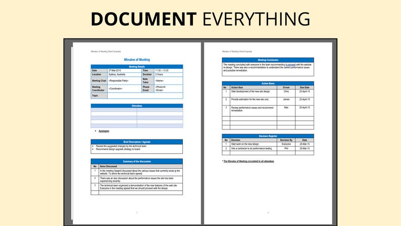Op de afbeelding: Een document met de tekst "DOCUMENT EVERYTHING" bovenaan. Het document is een sjabloon voor notulen met blauwe en witte tabellen en tekst. Het bevat secties voor vergaderdetails, aanwezigen en actiepunten.