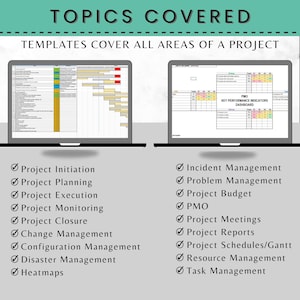 May include: Two laptops displaying project management templates. The top text reads "TOPICS COVERED" and "TEMPLATES COVER ALL AREAS OF A PROJECT." Below are lists of project management topics, including Project Initiation, Project Planning, and Incident Management.