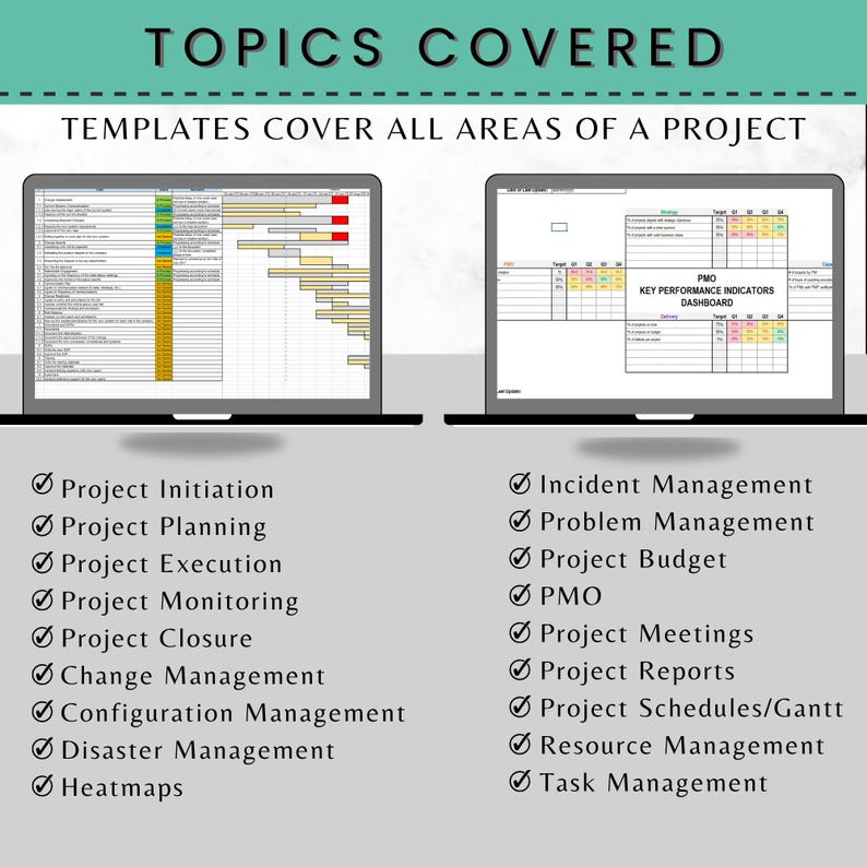 May include: Two laptops displaying project management templates. The top text reads "TOPICS COVERED" and "TEMPLATES COVER ALL AREAS OF A PROJECT." Below are lists of project management topics, including Project Initiation, Project Planning, and Incident Management.