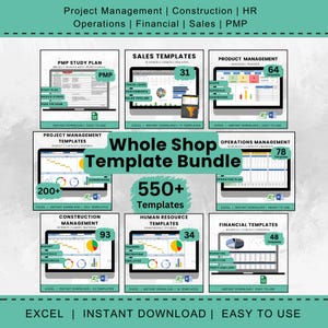 Peut inclure: Un collage de modèles de feuilles de calcul Excel colorés pour la gestion de projet, les ventes, la construction, les ressources humaines et la finance. Les modèles sont organisés en catégories avec un total de plus de 550 modèles disponibles. Le texte "Whole Shop Template Bundle" est affiché en grande police au centre de l'image.