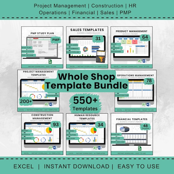Whole Shop Template Bundle Spreadsheet Entire Shop Project Management Construction Financial Human Resources Operations Sales Tracker