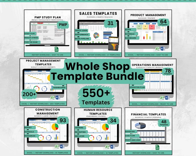Whole Shop Template Bundle Spreadsheet Entire Shop Project Management Construction Financial Human Resources Operations Sales Tracker