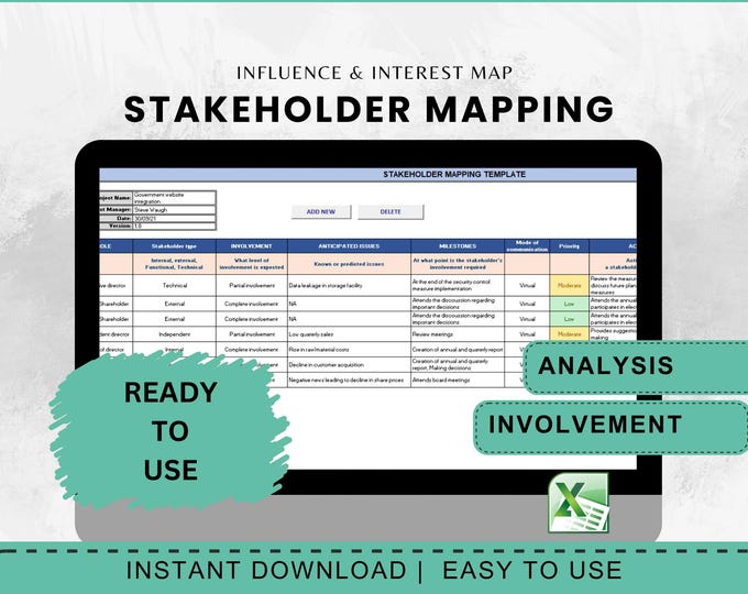 Stakeholder Mapping Template Excel Project Management Business Planning Digital Download Consultant Tool Tracker Analysis Matrix Sheet