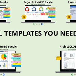 Op de afbeelding: Een afbeelding met sjablonen voor projectmanagement, waaronder initiatie-, planning-, uitvoerings-, monitoring- en afsluitingsbundels. Elke bundel wordt weergegeven op een laptopscherm met kleurrijke tabbladen en grafieken. De tekst "ALL TEMPLATES YOU NEED" is zichtbaar.