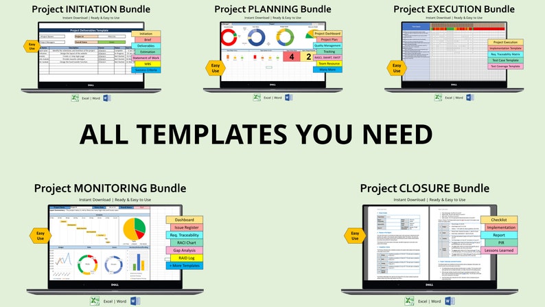 Op de afbeelding: Een afbeelding met sjablonen voor projectmanagement, waaronder initiatie-, planning-, uitvoerings-, monitoring- en afsluitingsbundels. Elke bundel wordt weergegeven op een laptopscherm met kleurrijke tabbladen en grafieken. De tekst "ALL TEMPLATES YOU NEED" is zichtbaar.