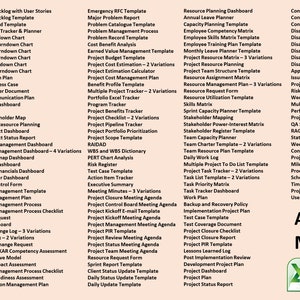 Op de afbeelding: Een uitgebreide lijst met projectmanagement sjablonen, inclusief Agile, PMO en risicomanagement tools. De afbeelding toont diverse projectdocumenten, zoals dashboards, trackers en rapporten, met opties voor Excel en Word formaten.