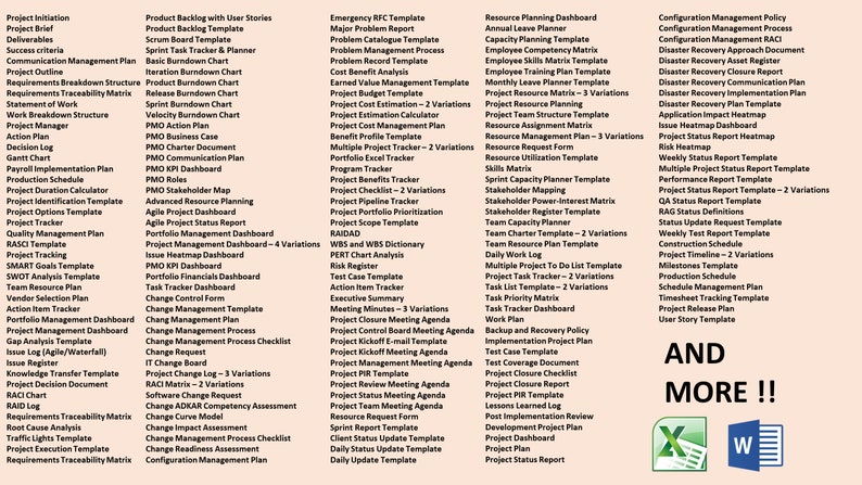 Op de afbeelding: Een uitgebreide lijst met projectmanagement sjablonen, inclusief Agile, PMO en risicomanagement tools. De afbeelding toont diverse projectdocumenten, zoals dashboards, trackers en rapporten, met opties voor Excel en Word formaten.