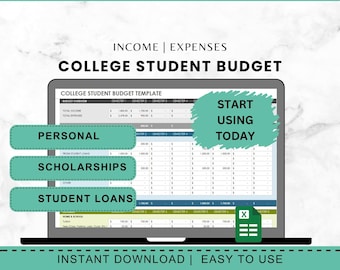 May include: A laptop screen displays a college student budget template. The screen shows income and expenses, with sections for personal, scholarships, and student loans. The image includes the text "ORDER | DOWNLOAD | ENJOY" and "INSTANT DOWNLOAD | EASY TO USE."