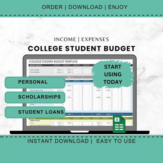 College Budget Template Expense Tracker Student Budget Excel Template Financial Planner Money Management Semester Budgeting Spreadsheet