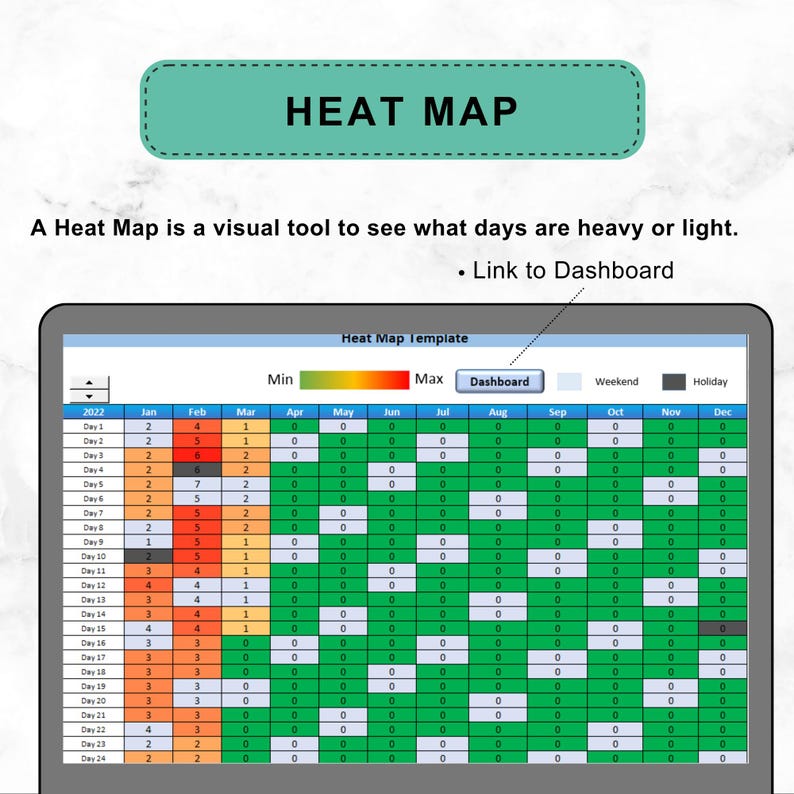 May include: A heat map template with a color-coded table showing the number of days in each month of the year. The table is labeled with the months of the year and the days of the month. The color of each cell in the table indicates the number of days in that month. The table is labeled with the words "Min", "Max", "Dashboard", "Weekend", and "Holiday".
