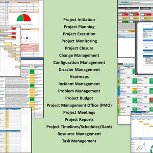 Op de afbeelding: Een verzameling projectmanagementdocumenten, waaronder Gantt-diagrammen, spreadsheets en dashboards. De documenten tonen gegevens in verschillende formaten, met kleurgecodeerde cellen en grafieken. Tekst aan de zijkant geeft projectmanagementonderwerpen weer.