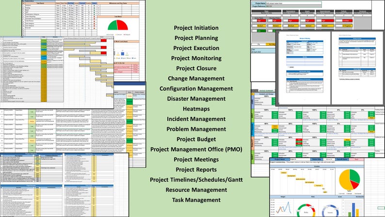 Op de afbeelding: Een verzameling projectmanagementdocumenten, waaronder Gantt-diagrammen, spreadsheets en dashboards. De documenten tonen gegevens in verschillende formaten, met kleurgecodeerde cellen en grafieken. Tekst aan de zijkant geeft projectmanagementonderwerpen weer.