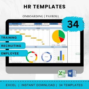 May include: A computer screen displaying HR templates for onboarding and payroll. The screen shows charts, graphs, and data visualizations, including a pie chart and bar graphs. The text includes "HR TEMPLATES", "ONBOARDING | PAYROLL", and "34 TEMPLATES".