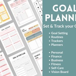 K&ouml;nnte beinhalten: Ein Satz druckbarer Zielplaner-Seiten mit einem blaugr&uuml;nen Hintergrund und dem Text "GOAL PLANNER Set & Track your Goals". Die Seiten beinhalten Abschnitte f&uuml;r Zielsetzung, Routinen, Tracker, Planer, Pers&ouml;nliches, Finanzen, Gesch&auml;ft, Fitness, Selbstpflege und Vision Board.
