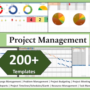Pode incluir: Uma colagem de imagens que mostram modelos de gestão de projetos. As imagens incluem gráficos, diagramas e planilhas. O texto "200+ Modelos" é exibido em forma de seta verde. O texto "Gestão de projetos" é exibido em fonte preta. O texto "Gestão de Mudanças | Gestão de Problemas | Orçamento de Projetos | Reuniões de Projetos | Relatórios de Projetos | Cronogramas/Programas/Gantt de Projetos | Gestão de Recursos | Gestão de Tarefas" é exibido abaixo das imagens.