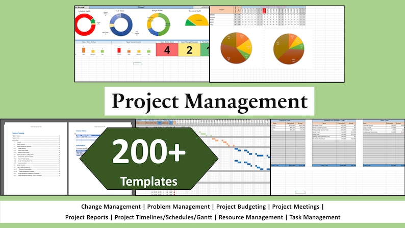 Op de afbeelding: Een afbeelding met sjablonen voor projectmanagement, inclusief grafieken en spreadsheets. De afbeelding bevat de tekst "Project Management" en "200+ Templates". De onderwerpen zijn: Change Management, Problem Management, Project Budgeting, Project Meetings, Project Reports, Project Timelines/Schedules/Gantt, Resource Management en Task Management.