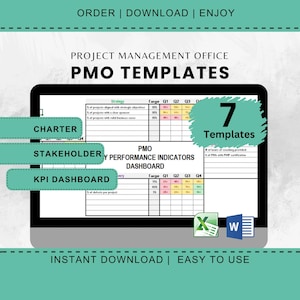 Op de afbeelding: Een computerscherm met een projectmanagement office (PMO)-sjabloon. Het scherm toont zeven verschillende sjablonen, waaronder een charter, een stakeholder-overzicht, een KPI-dashboard en een dashboard voor prestatie-indicatoren. De sjablonen zijn in Excel- en Word-formaat. De tekst op het scherm luidt "ORDER | DOWNLOAD | ENJOY", "PROJECT MANAGEMENT OFFICE", "PMO TEMPLATES", "7 Templates", "INSTANT DOWNLOAD | EASY TO USE", "CHARTER", "STAKEHOLDER", "KPI DASHBOARD", "PMO PERFORMANCE INDICATORS DASHBOARD", "Strategy", "Targe Q1 Q2 Q3", "% of projects aligned with strategic objectives", "% of projects with a clear sponsor", "% of projects with valid business cases", "very", "Farge Q1 Q2 Q3 Q4", "% of defects per project", "% of hours of coaching provided", "% of PMs with PMP certification", "00%", "40%", "X", "W".