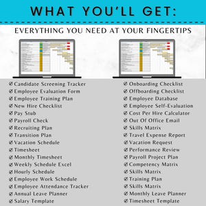 May include: A graphic with the text "WHAT YOU'LL GET: EVERYTHING YOU NEED AT YOUR FINGERTIPS." Two laptop screens display various checklists and trackers. Lists include Candidate Screening Tracker, Onboarding Checklist, and Employee Database.