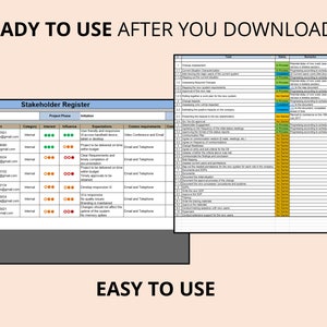 Op de afbeelding: Een digitaal document met twee secties. De linkse sectie is een stakeholderregister met contactgegevens. De rechtse sectie is een projecttijdlijn. De tekst "READY TO USE AFTER YOU DOWNLOAD" en "EASY TO USE" worden weergegeven.