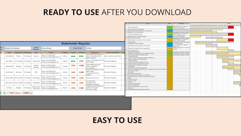 Op de afbeelding: Een digitaal document met twee secties. De linkse sectie is een stakeholderregister met contactgegevens. De rechtse sectie is een projecttijdlijn. De tekst "READY TO USE AFTER YOU DOWNLOAD" en "EASY TO USE" worden weergegeven.