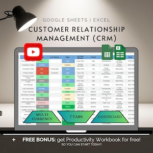 May include: A laptop screen displaying a Google Sheets and Excel Customer Relationship Management CRM spreadsheet with columns for status, stage, and account manager. Includes icons for YouTube tutorial, multi-currency, 7 tabs, and a dashboard.