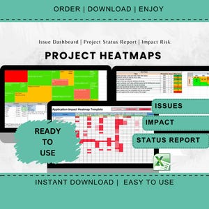 Puede incluir: Gráfico digital con el texto "PROJECT HEATMAPS" y las frases "ORDER | DOWNLOAD | ENJOY" e "INSTANT DOWNLOAD | EASY TO USE". La imagen muestra varias pantallas de ordenador con visualizaciones de datos, incluyendo un mapa de calor e informes de estado.