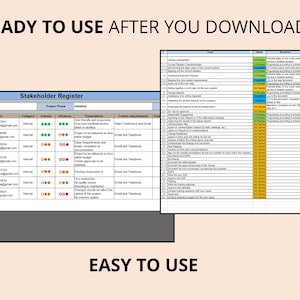 Op de afbeelding: Er worden twee projectmanagementdocumenten weergegeven. E&eacute;n is een stakeholderregister met contactgegevens en projectdetails. De andere is een projecttijdlijn met gekleurde balken. De tekst "READY TO USE AFTER YOU DOWNLOAD" en "EASY TO USE" zijn ook zichtbaar.