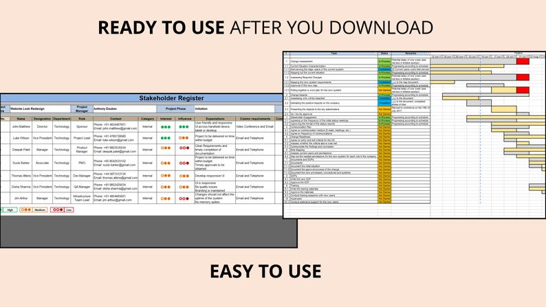 Op de afbeelding: Er worden twee projectmanagementdocumenten weergegeven. E&eacute;n is een stakeholderregister met contactgegevens en projectdetails. De andere is een projecttijdlijn met gekleurde balken. De tekst "READY TO USE AFTER YOU DOWNLOAD" en "EASY TO USE" zijn ook zichtbaar.