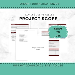 Puede incluir: Una colección de formularios blancos de Project Scope con texto rojo y negro. Los formularios incluyen títulos como "Resumen ejecutivo" y "Declaración del alcance del proyecto". Las palabras "READY TO USE" están en un cuadro verde. También se ve el texto "ORDER | DOWNLOAD | ENJOY" y "INSTANT DOWNLOAD | EASY TO USE".