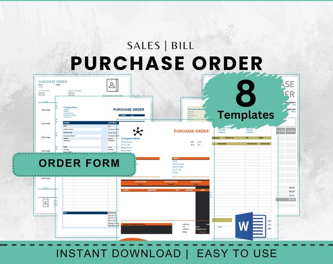 Purchase Order Form Template, Custom Order Form, Editable Order Receipt and Sales Order, Small Business Forms