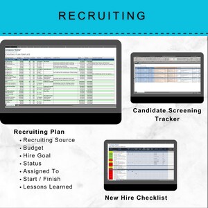May include: Image features three computer screens displaying recruitment-related spreadsheets. The top screen shows a "Recruiting Plan Template." The right screen displays a "Candidate Screening Tracker." The bottom screen shows a "New Hire Checklist." The word "RECRUITING" is at the top.