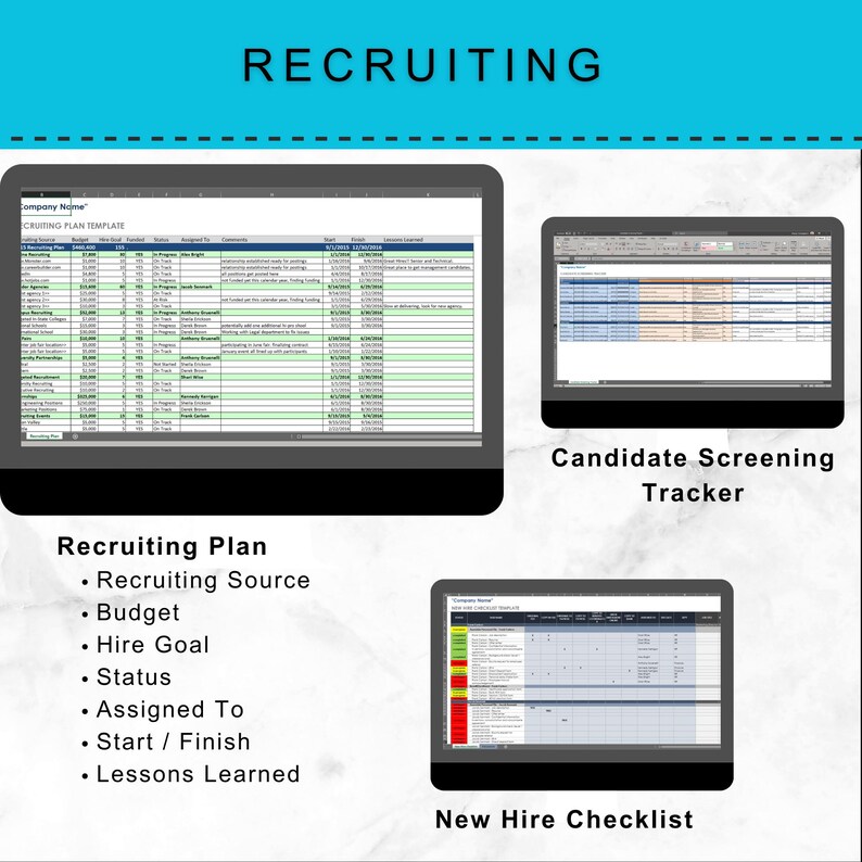 May include: Image features three computer screens displaying recruitment-related spreadsheets. The top screen shows a "Recruiting Plan Template." The right screen displays a "Candidate Screening Tracker." The bottom screen shows a "New Hire Checklist." The word "RECRUITING" is at the top.