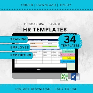 Puede incluir: Una pantalla de ordenador muestra un paquete de plantillas de RRHH. La pantalla muestra una hoja de cálculo con detalles del proyecto, y una burbuja de diálogo azul indica "34 PLANTILLAS". La imagen incluye las palabras "Formación", "Empleado" y "Reclutamiento".