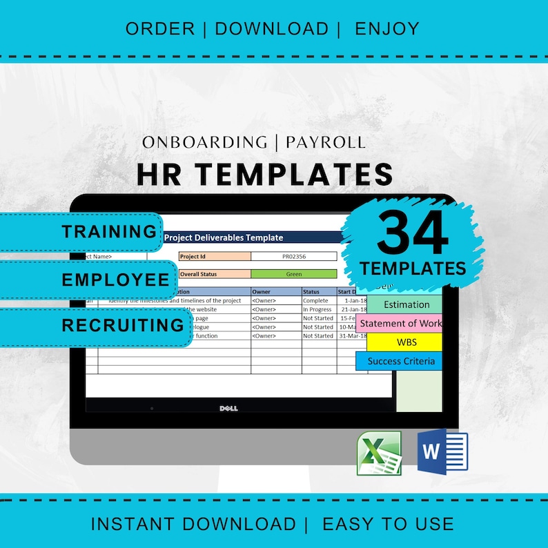 May include: A computer screen displays an HR templates package. The screen shows a spreadsheet with project details, and a blue speech bubble indicates "34 TEMPLATES". The image includes the words "Training", "Employee", and "Recruiting".