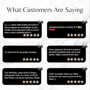 May include: A collage of four customer reviews with five-star ratings. The reviews highlight the quality and value of the product. The reviews include phrases like "A++++ I LOVE THIS TEMPLATE PACK!!!!", "AMMMAZINGGGG I LOVEEE ITTT", "A+ must have for any project manager", "Great experience! The item is exactly as described, beautifully made, and arrived quickly. Highly recommend this shop!" and "WOW! So helpful. Thank you. Will be looking for more items you put out in the future. :)"