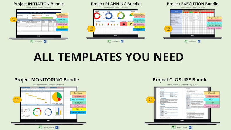Op de afbeelding: Een afbeelding met vijf laptopschermen met projectmanagement sjablonen. Elk scherm is gelabeld met een projectfase: Initiatie, Planning, Uitvoering, Monitoring en Afsluiting. De tekst "ALL TEMPLATES YOU NEED" is prominent aanwezig.