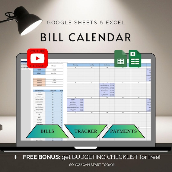 Bill Tracker Template Budget Spreadsheet Google Sheets Excel Monthly Payment Organizer Expense Calendar Financial Planner Household Money