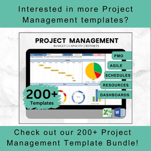 May include: A digital display shows a project management template with charts and graphs. The screen displays the text "PROJECT MANAGEMENT" and "200+ Templates." Additional labels include "PMO," "AGILE," "SCHEDULES," "RESOURCES," and "DASHBOARDS."