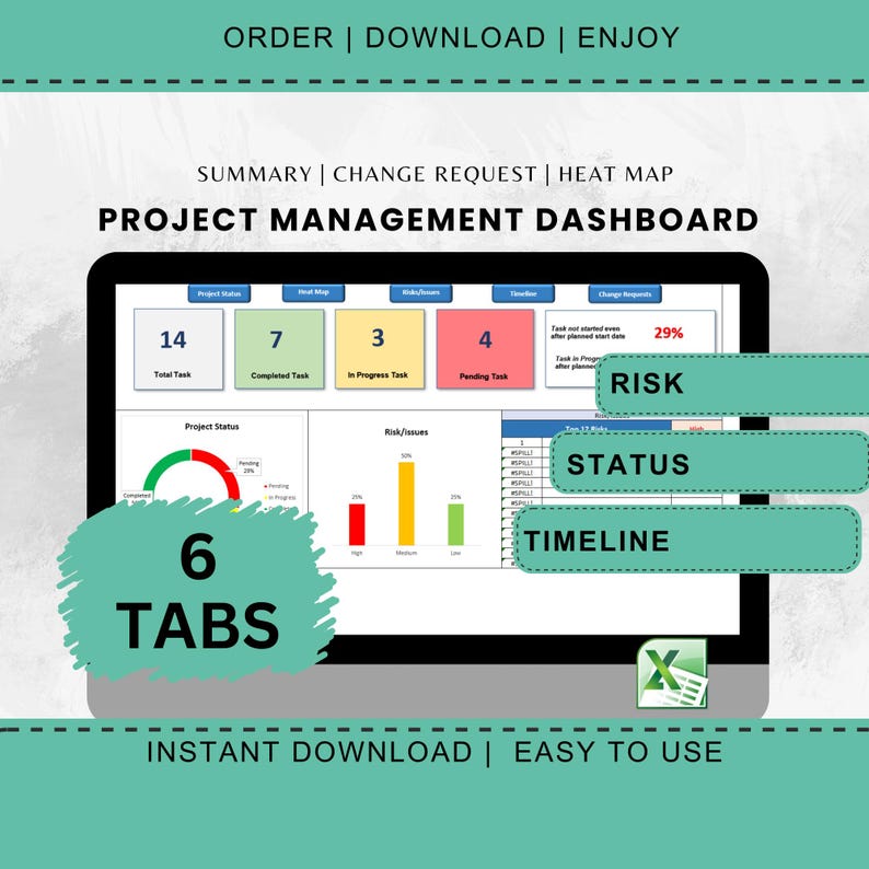 May include: A digital project management dashboard displayed on a tablet. The screen shows data visualizations, charts, and key performance indicators. Text includes "Project Management Dashboard", "Risk", "Status", "Timeline", and "6 Tabs". The top banner reads "Order | Download | Enjoy".