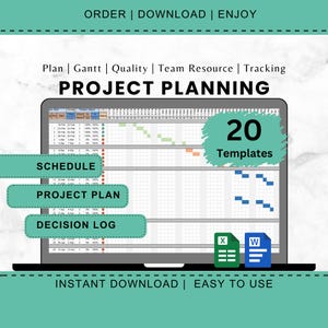 Puede incluir: Una pantalla de portátil que muestra una plantilla de planificación de proyectos con un diagrama de Gantt, un calendario y un registro de decisiones. La pantalla muestra 20 plantillas. El texto "Ordenar | Descargar | Disfrutar" y "Descarga instantánea | Fácil de usar" está incluido.