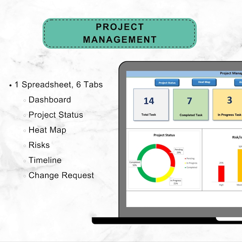 May include: A digital project management spreadsheet displayed on a laptop screen, featuring six tabs: Dashboard, Project Status, Heat Map, Risks, Timeline, and Change Request. The interface includes numerical data boxes and charts.