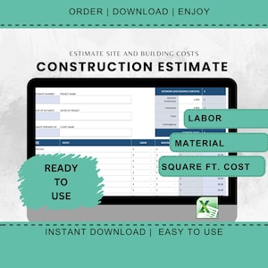 Plantilla de estimación de construcción Formulario de planificación de proyectos de construcción Herramienta de construcción Presupuesto de construcción Excel Cronograma del contratista Pies cuadrados