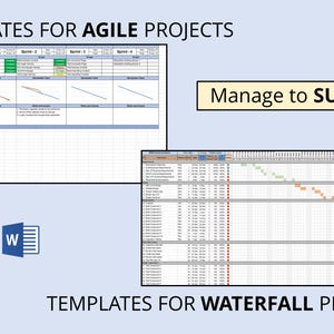 Op de afbeelding: Een digitale afbeelding met projectmanagement sjablonen voor Agile- en Waterfall-projecten. De afbeelding bevat spreadsheet lay-outs, grafieken en de tekst "TEMPLATES FOR AGILE PROJECTS", "Manage to SUCCEED" en "TEMPLATES FOR WATERFALL PROJECTS". Excel- en Word-pictogrammen zijn ook aanwezig.